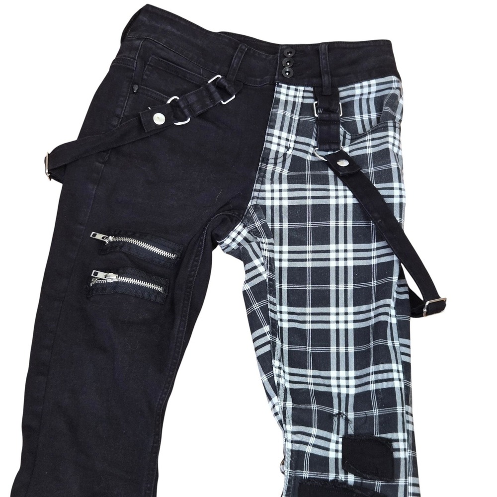 Hot Topic Womens 5 Black Plaid Split Leg Bondage Punk Zippers Skinny Pants Belts